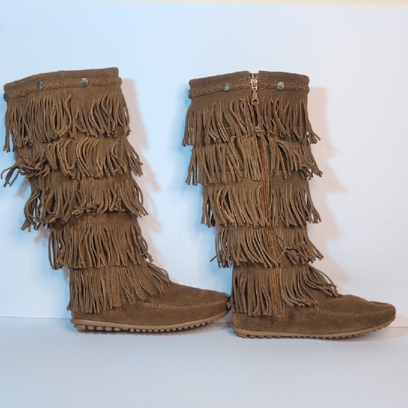 Minnetonka Suede Brown Leather 5 Layer Fringe Boots Size 9 - Picture 4 of 14
